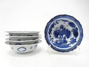 古伊万里　染付　岩に牡丹　なます皿　5客揃